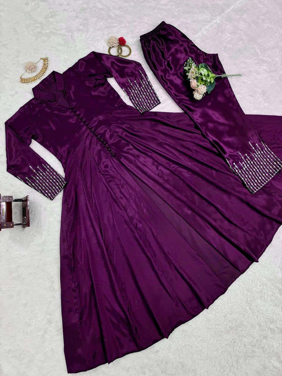 Thread work front cut silk fabric kurta pent sets