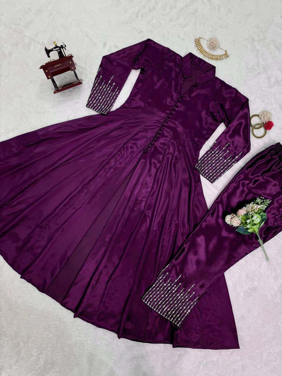 Thread work front cut silk fabric kurta pent sets