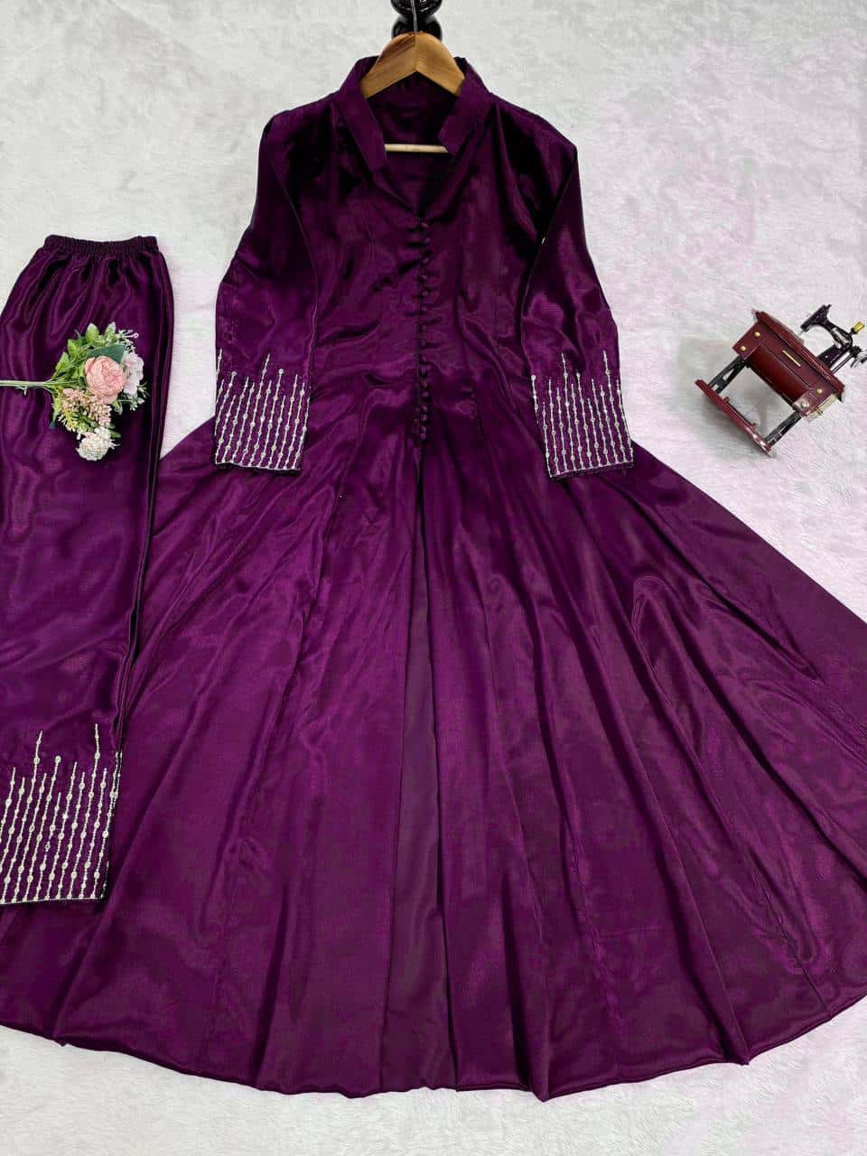 Thread work front cut silk fabric kurta pent sets