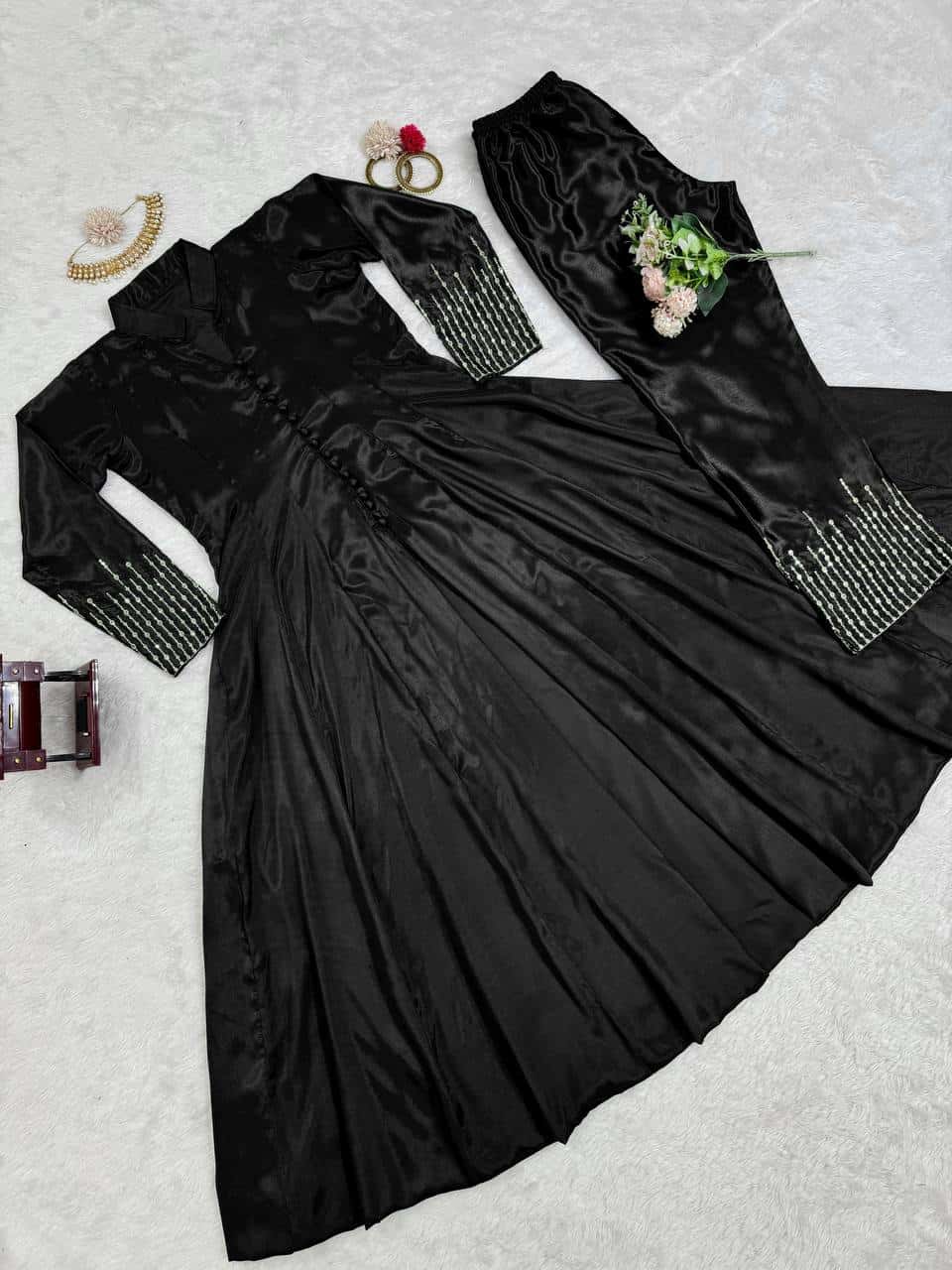 Thread work front cut silk fabric kurta pent sets