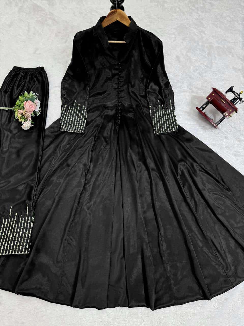 Thread work front cut silk fabric kurta pent sets