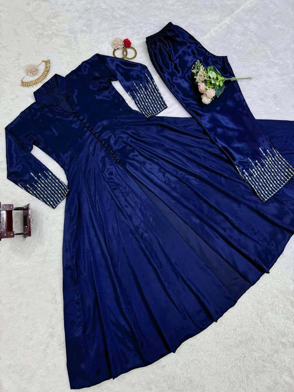 Thread work front cut silk fabric kurta pent sets