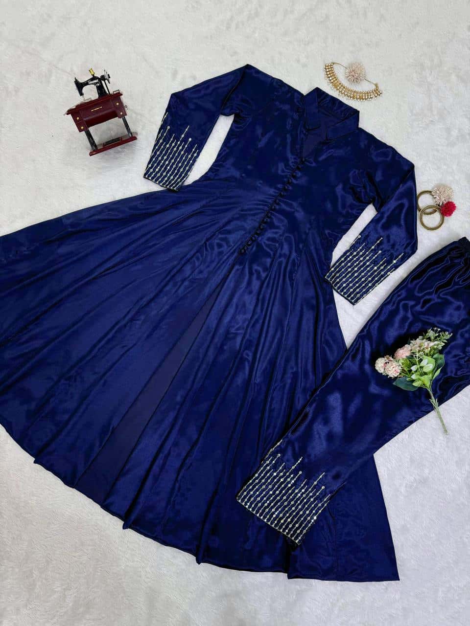 Thread work front cut silk fabric kurta pent sets