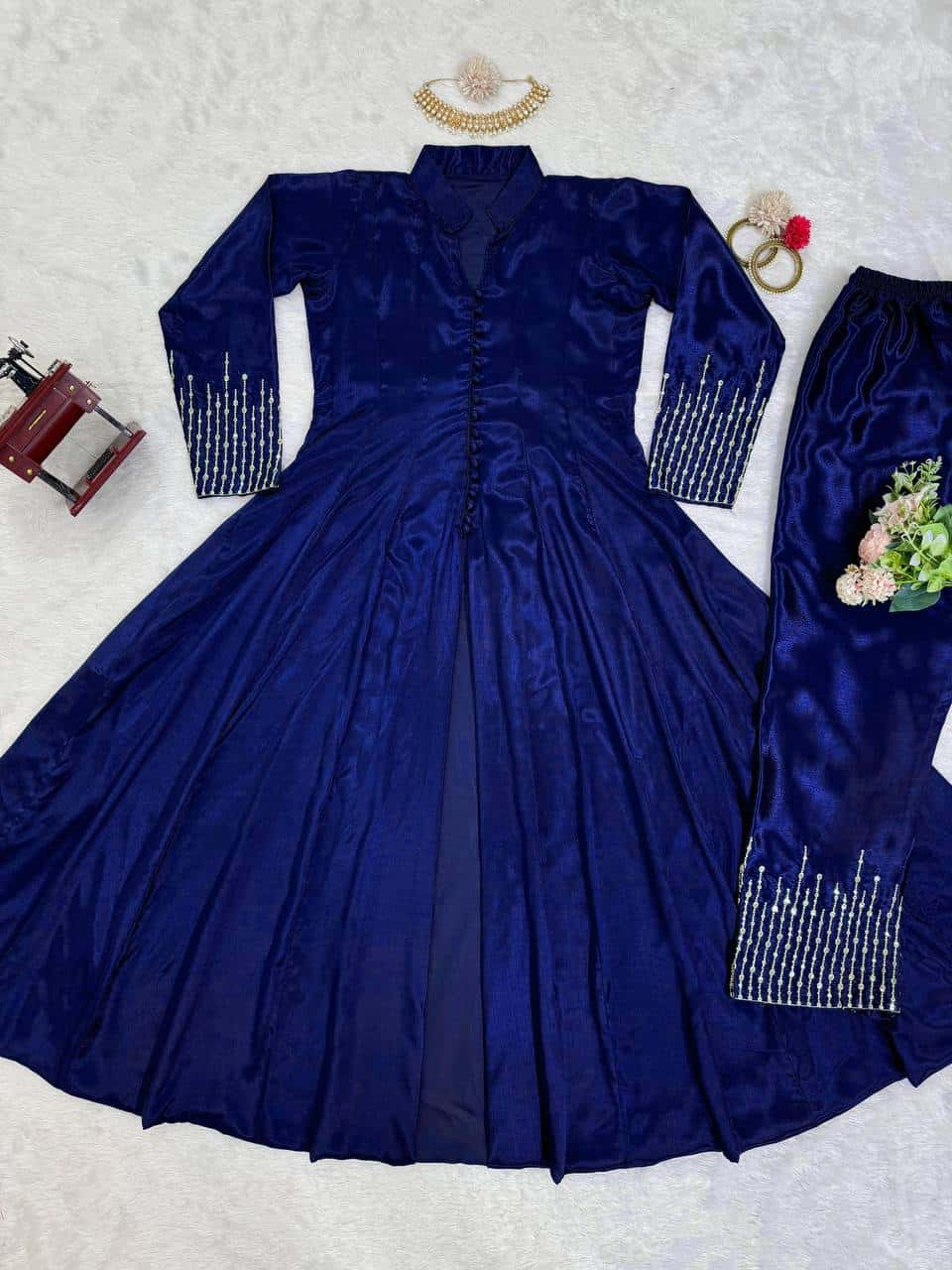 Thread work front cut silk fabric kurta pent sets
