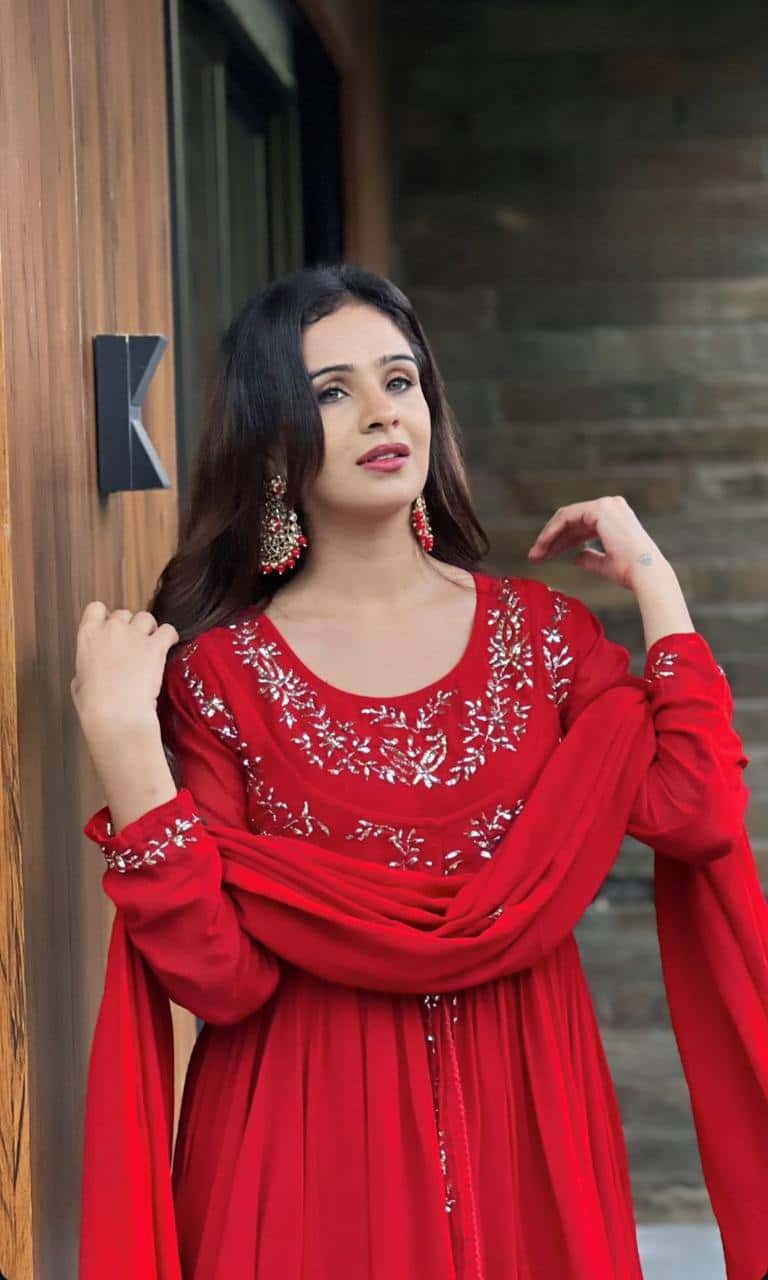 Women's designer Red front cut thread work kurta sharara sets