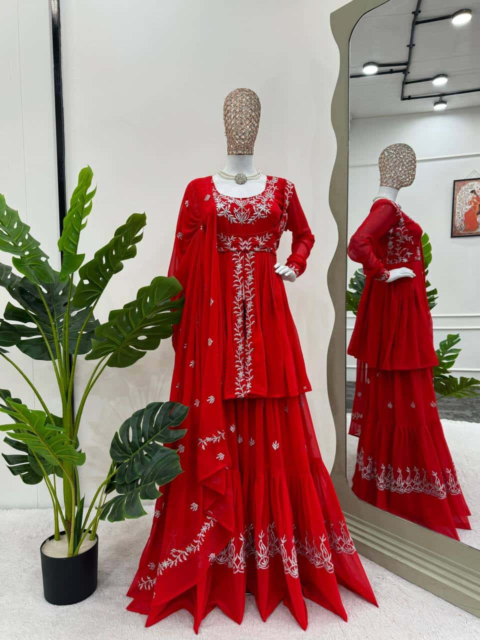Women's designer Red front cut thread work kurta sharara sets