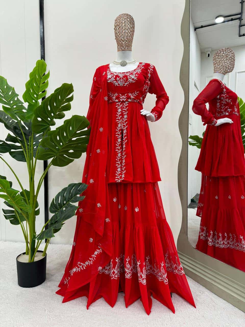 Women's designer Red front cut thread work kurta sharara sets