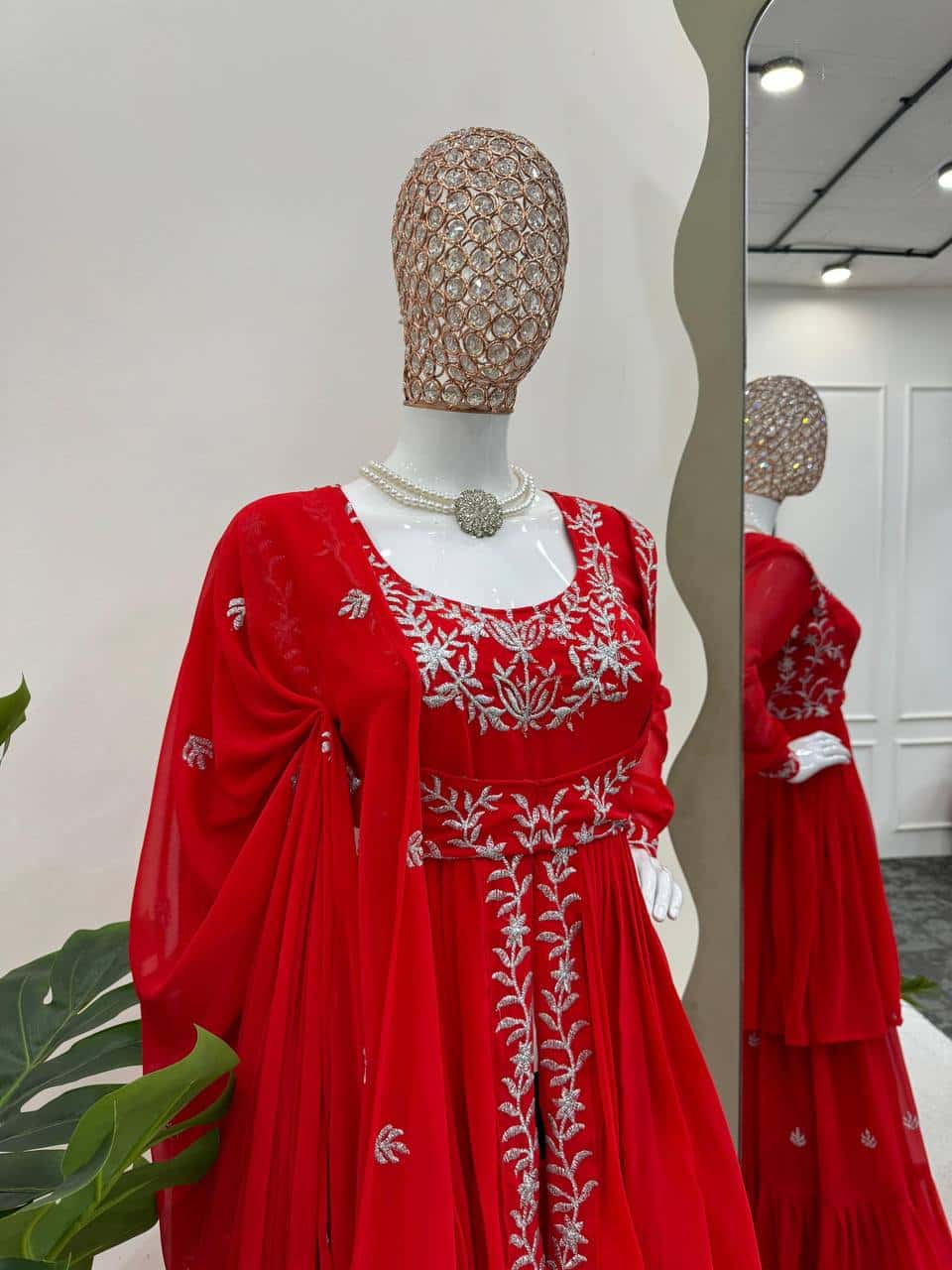 Women's designer Red front cut thread work kurta sharara sets