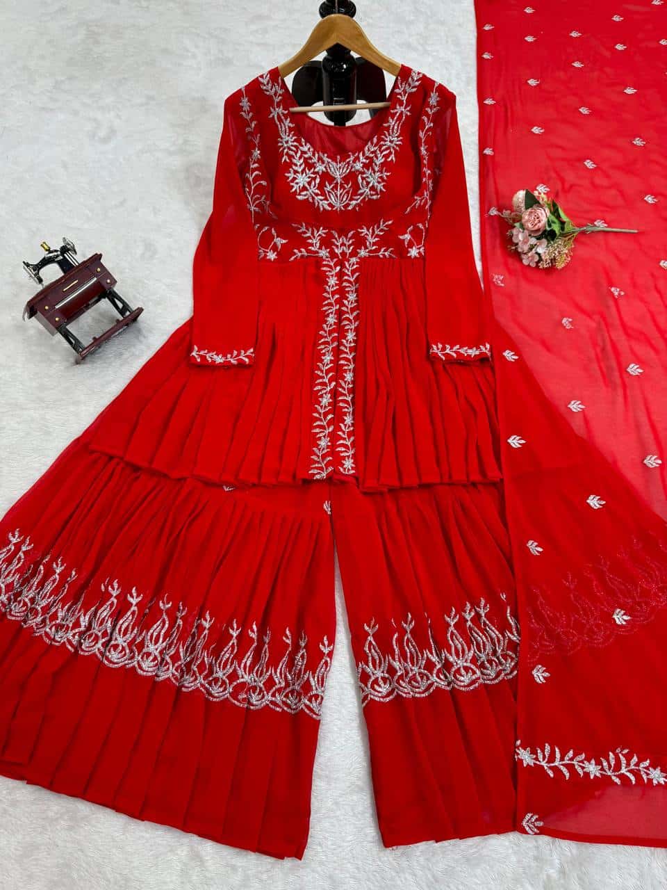 Women's designer Red front cut thread work kurta sharara sets
