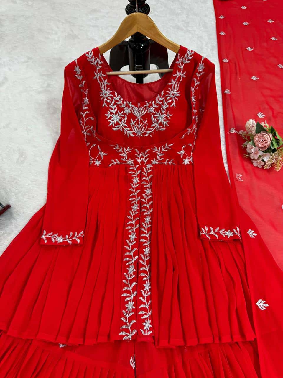 Women's designer Red front cut thread work kurta sharara sets