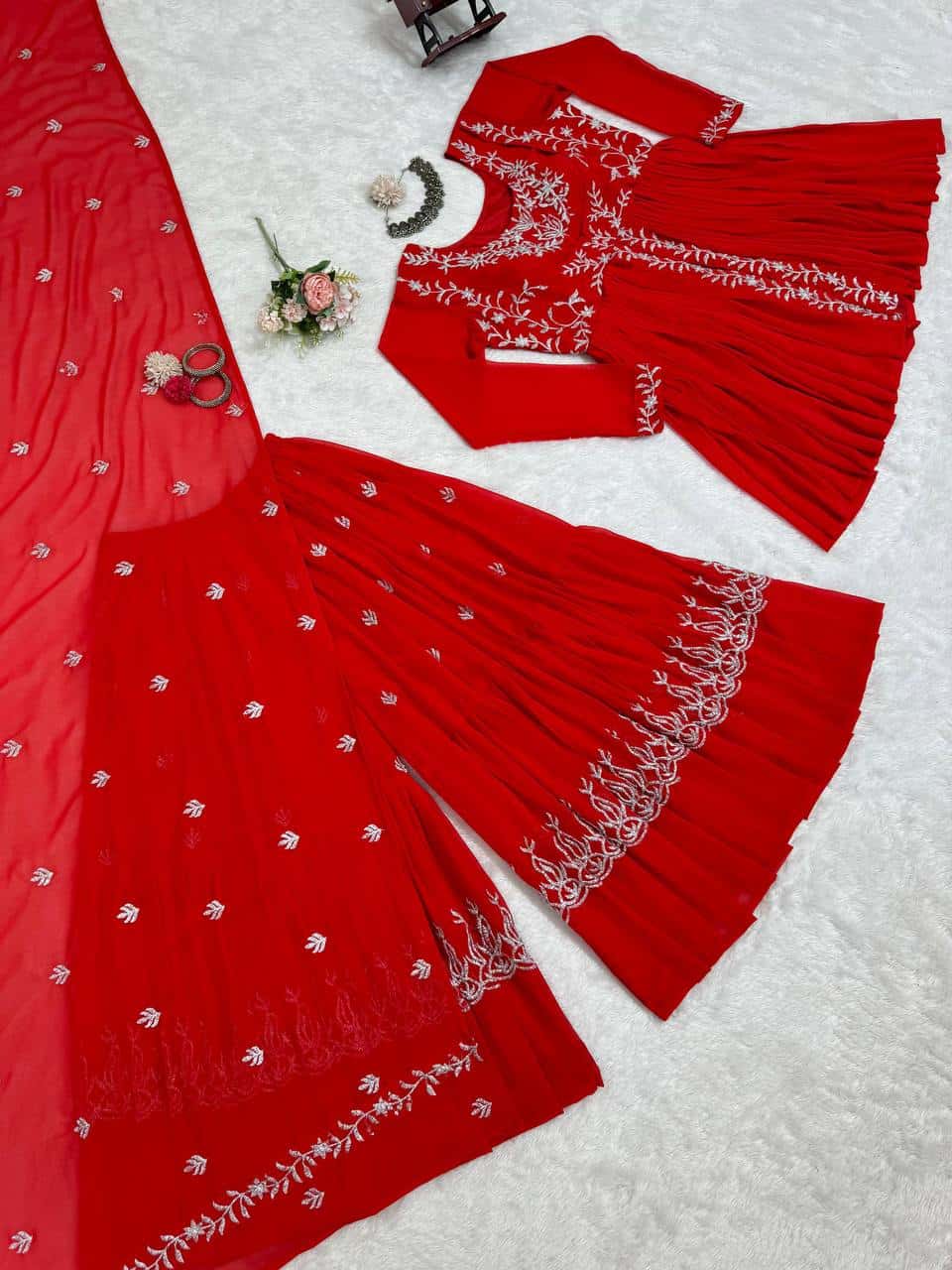 Women's designer Red front cut thread work kurta sharara sets