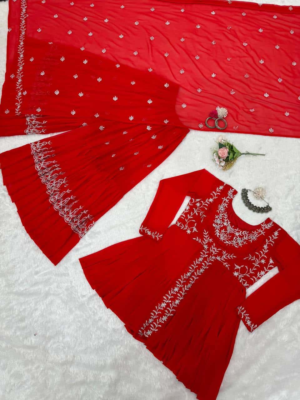 Women's designer Red front cut thread work kurta sharara sets