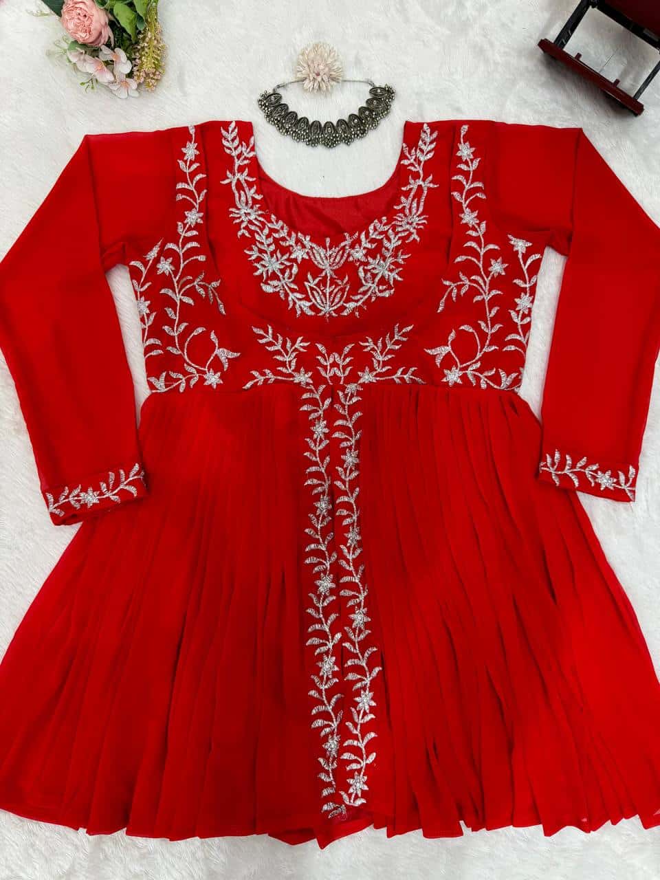 Women's designer Red front cut thread work kurta sharara sets