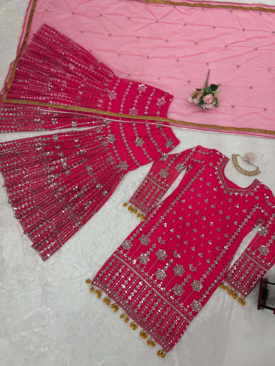 wedding special Heavy sequence work georgette kurta sharara with dupatta sets