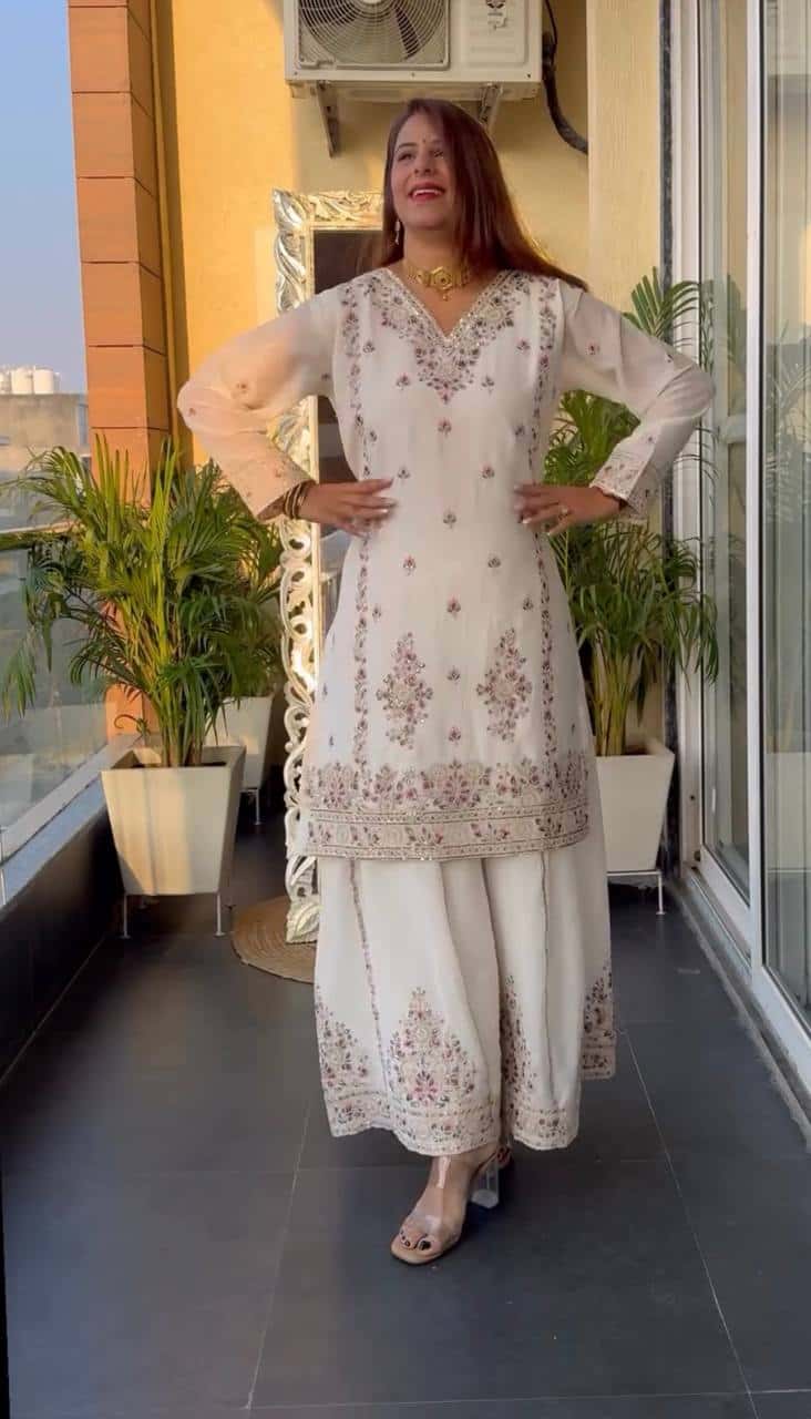Women's designer heavy chinnon silk hand embroidered kurta palazzo with dupatta sets
