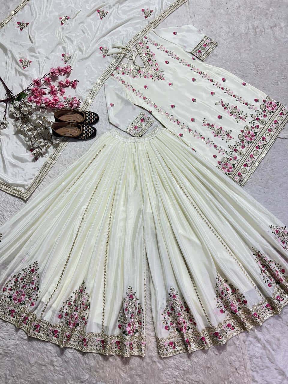 Women's designer heavy chinnon silk hand embroidered kurta palazzo with dupatta sets