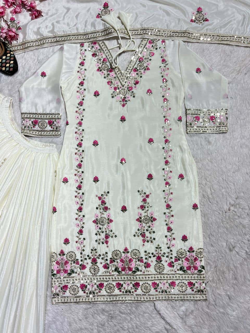 Women's designer heavy chinnon silk hand embroidered kurta palazzo with dupatta sets