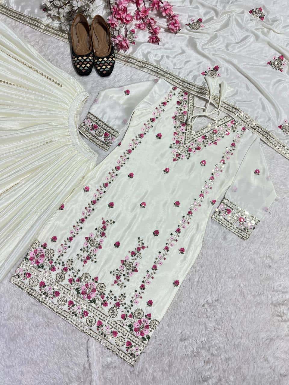 Women's designer heavy chinnon silk hand embroidered kurta palazzo with dupatta sets