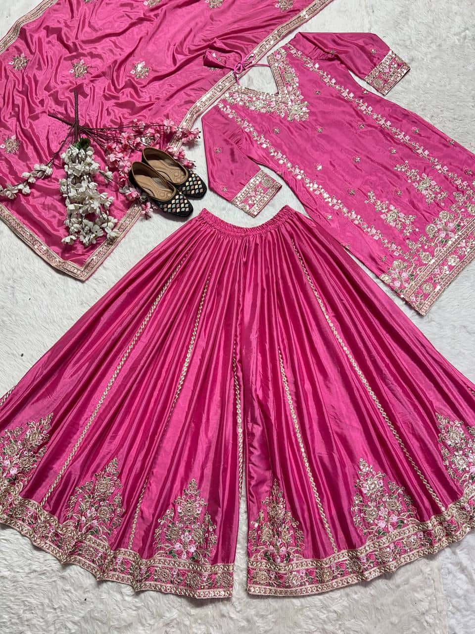 Women's designer heavy chinnon silk hand embroidered kurta palazzo with dupatta sets