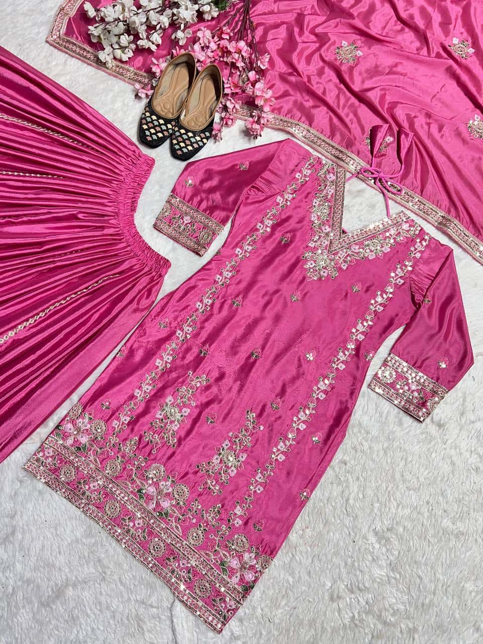 Women's designer heavy chinnon silk hand embroidered kurta palazzo with dupatta sets
