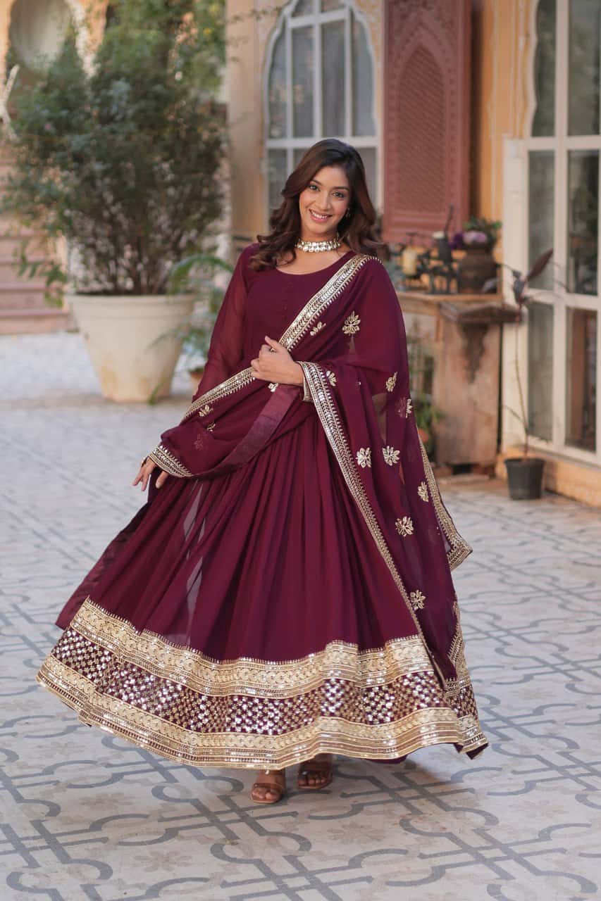 Faux blooming embroidered gown with dupatta set