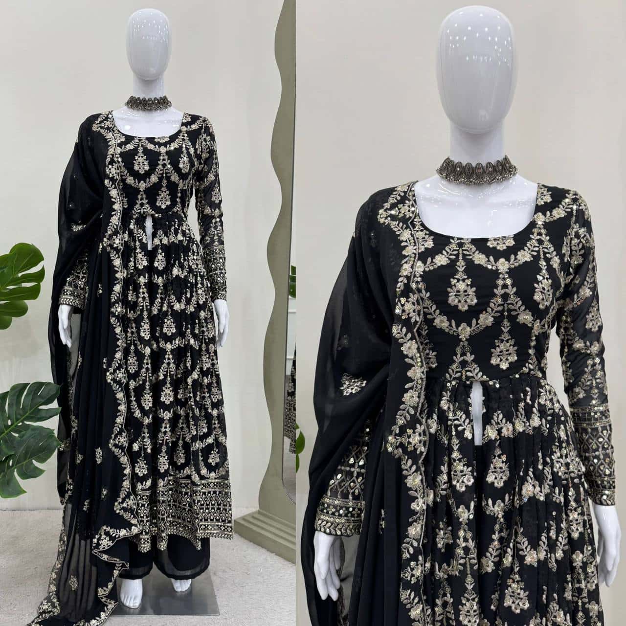 Heavy sequence work faux georgette front cut kurta sets