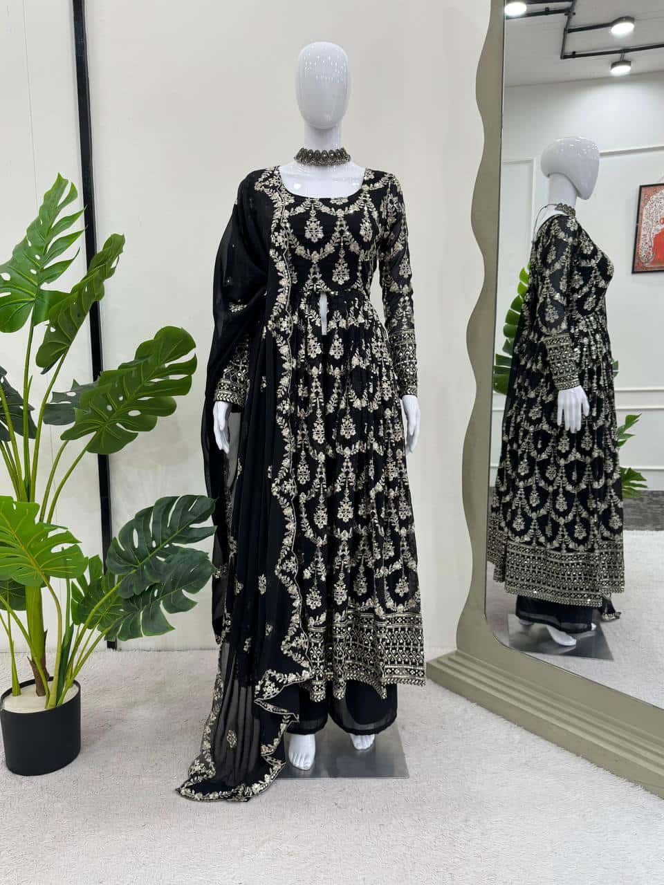 Heavy sequence work faux georgette front cut kurta sets