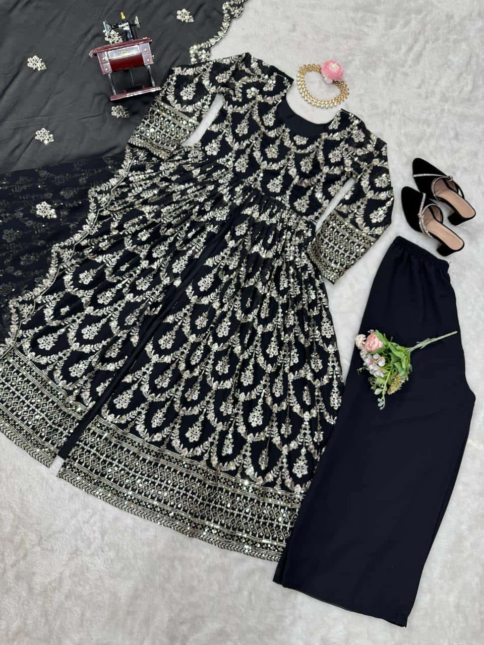 Heavy sequence work faux georgette front cut kurta sets