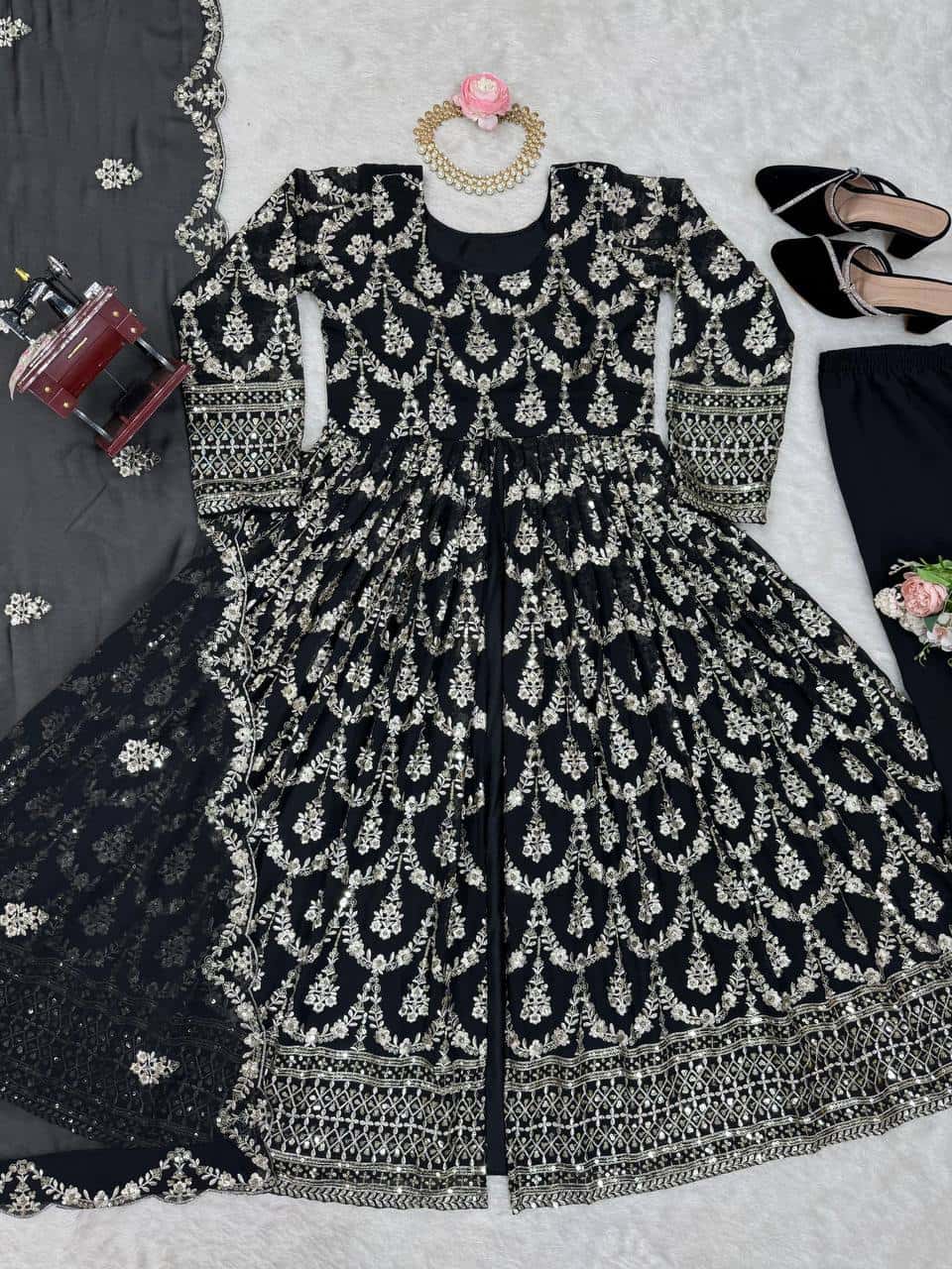 Heavy sequence work faux georgette front cut kurta sets
