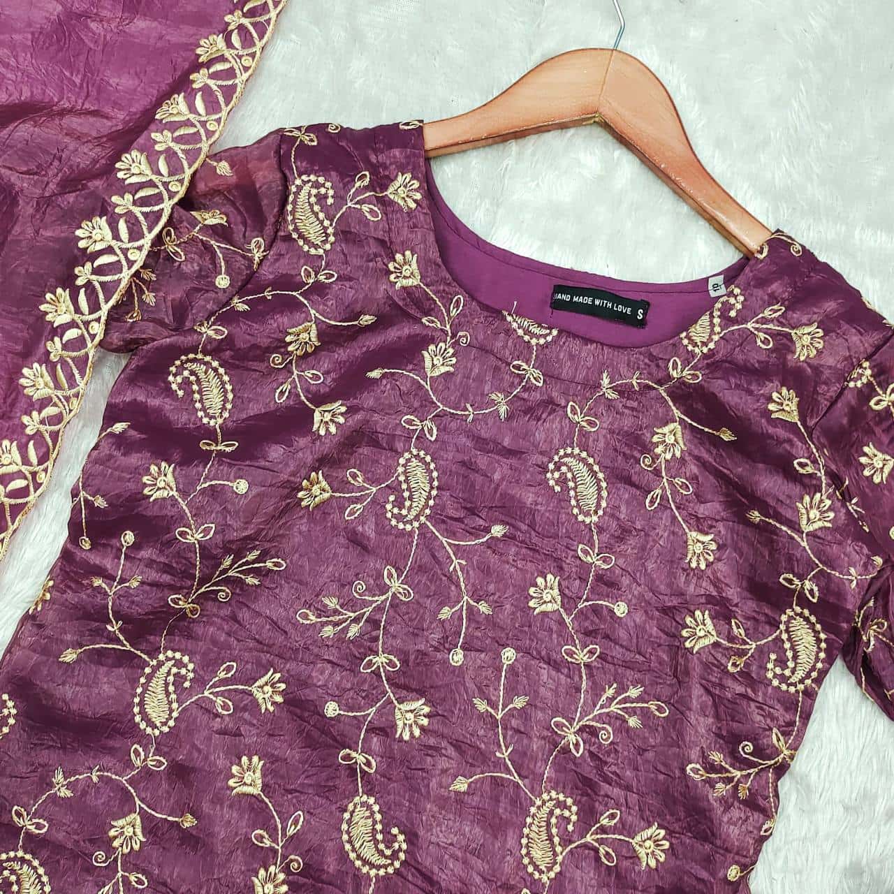 Wine silk kurta set for women,3pc suit