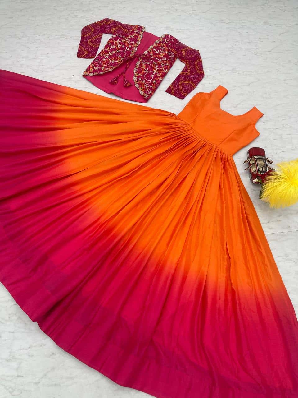 Designer silk gown with bandhej jacket for wedding wear