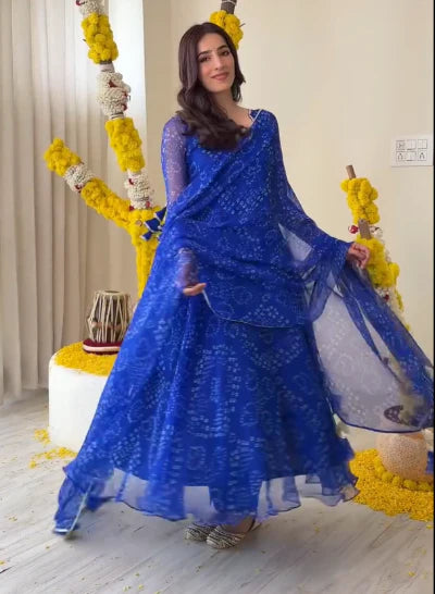 Blue Georgette Bandhani Print Anarkali Suit Set
