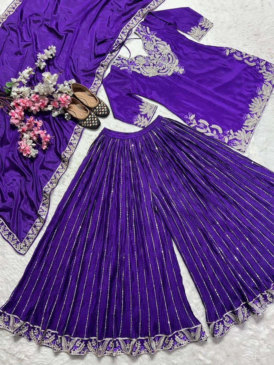 Pure Heavy Chinnon Silk with Heavy Embroidery Coding Sequence Work Suit