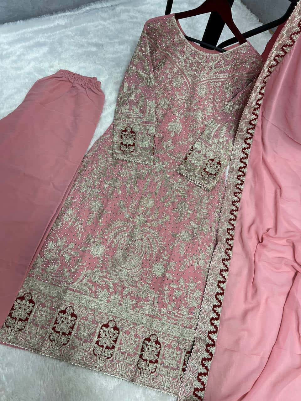 Elegant Heavy Faux Georgette Embroidered Top and Plazzo with and Dupatta Set