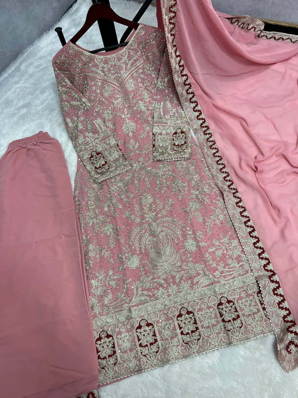 Elegant Heavy Faux Georgette Embroidered Top and Plazzo with and Dupatta Set