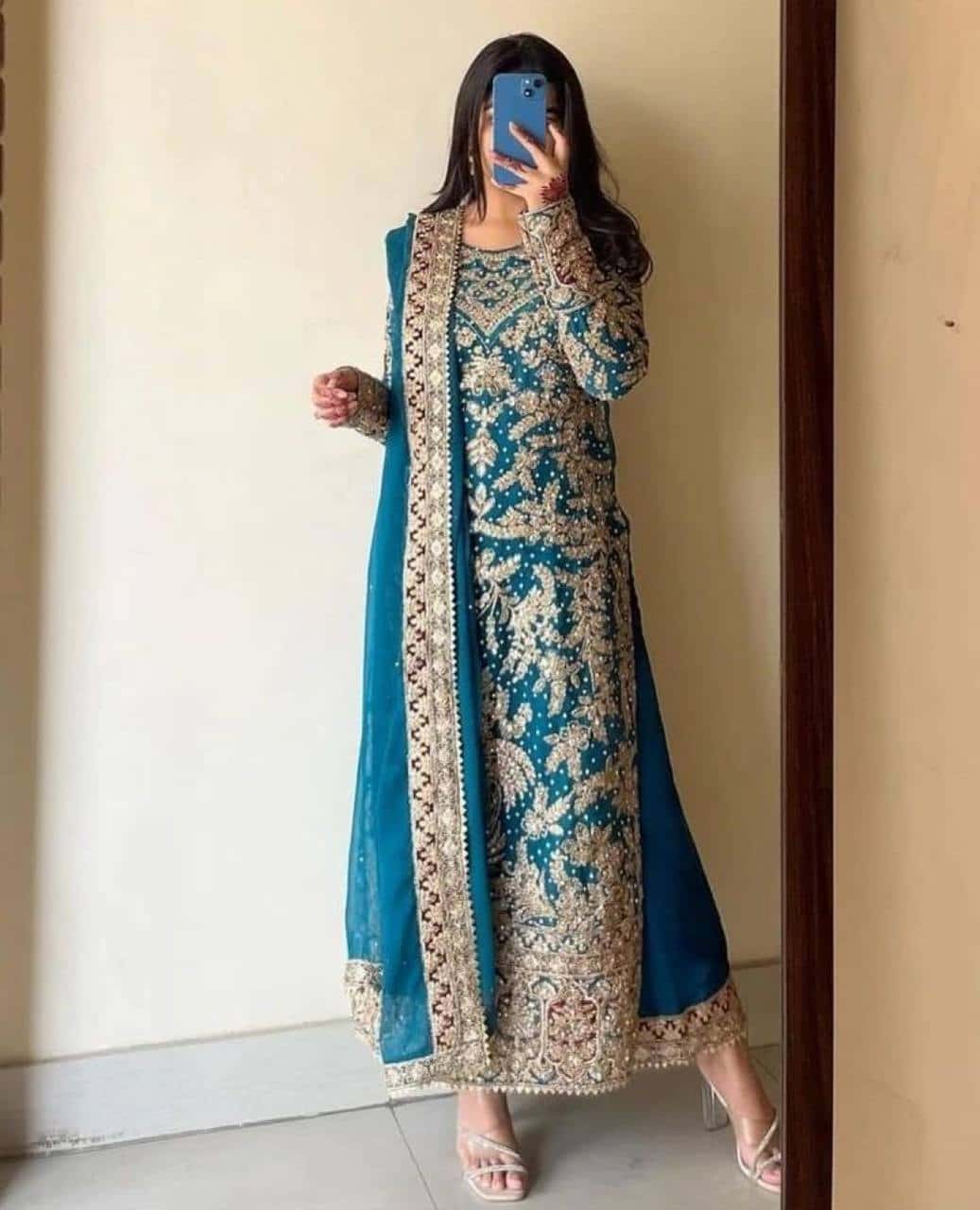 Elegant Heavy Faux Georgette Embroidered Top and Plazzo with and Dupatta Set