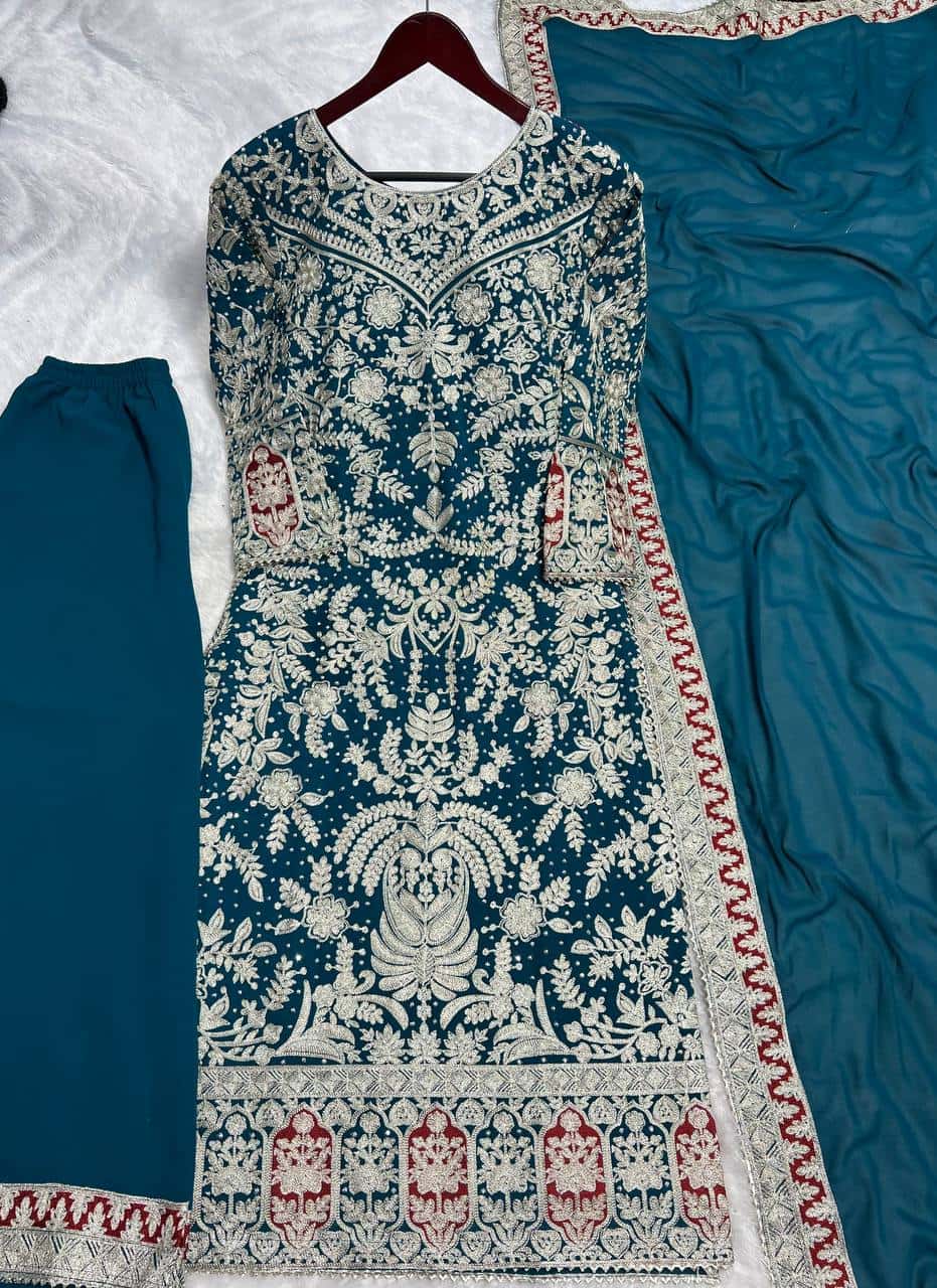 Elegant Heavy Faux Georgette Embroidered Top and Plazzo with and Dupatta Set