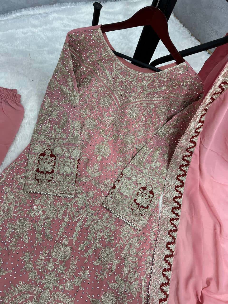 Elegant Heavy Faux Georgette Embroidered Top and Plazzo with and Dupatta Set