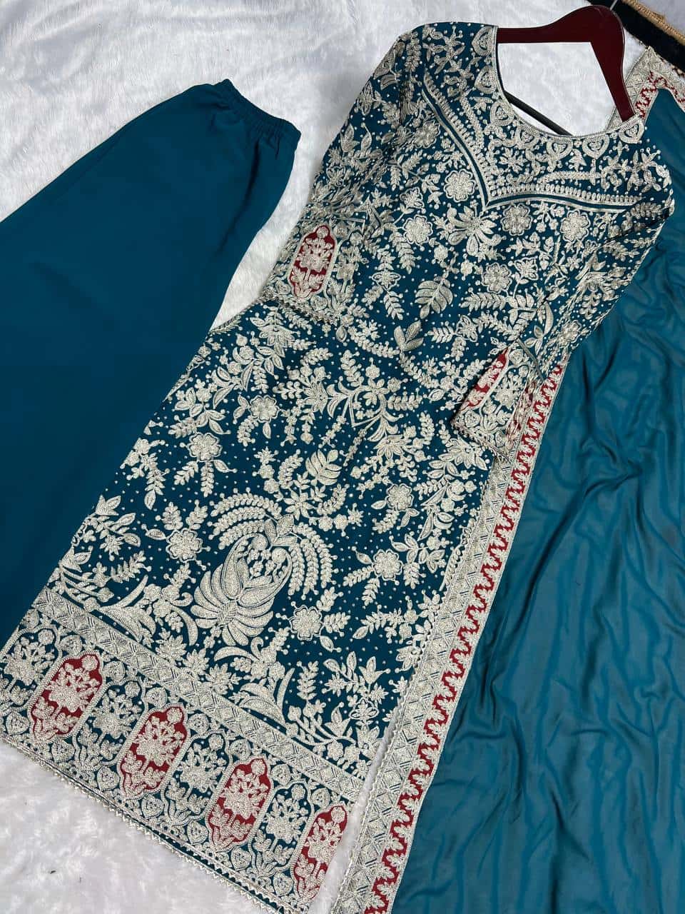 Elegant Heavy Faux Georgette Embroidered Top and Plazzo with and Dupatta Set