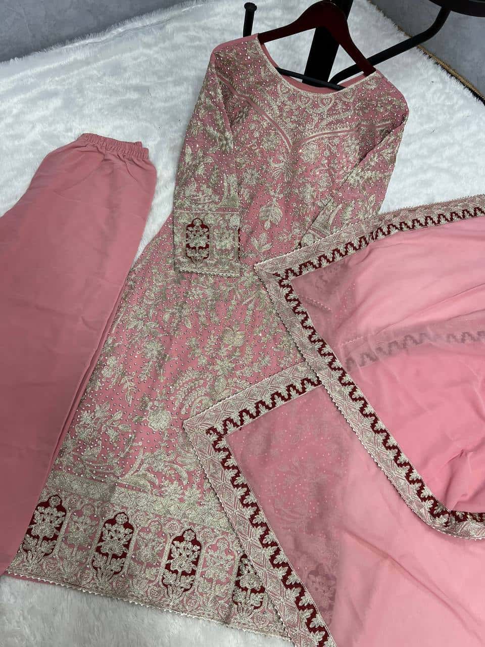 Elegant Heavy Faux Georgette Embroidered Top and Plazzo with and Dupatta Set