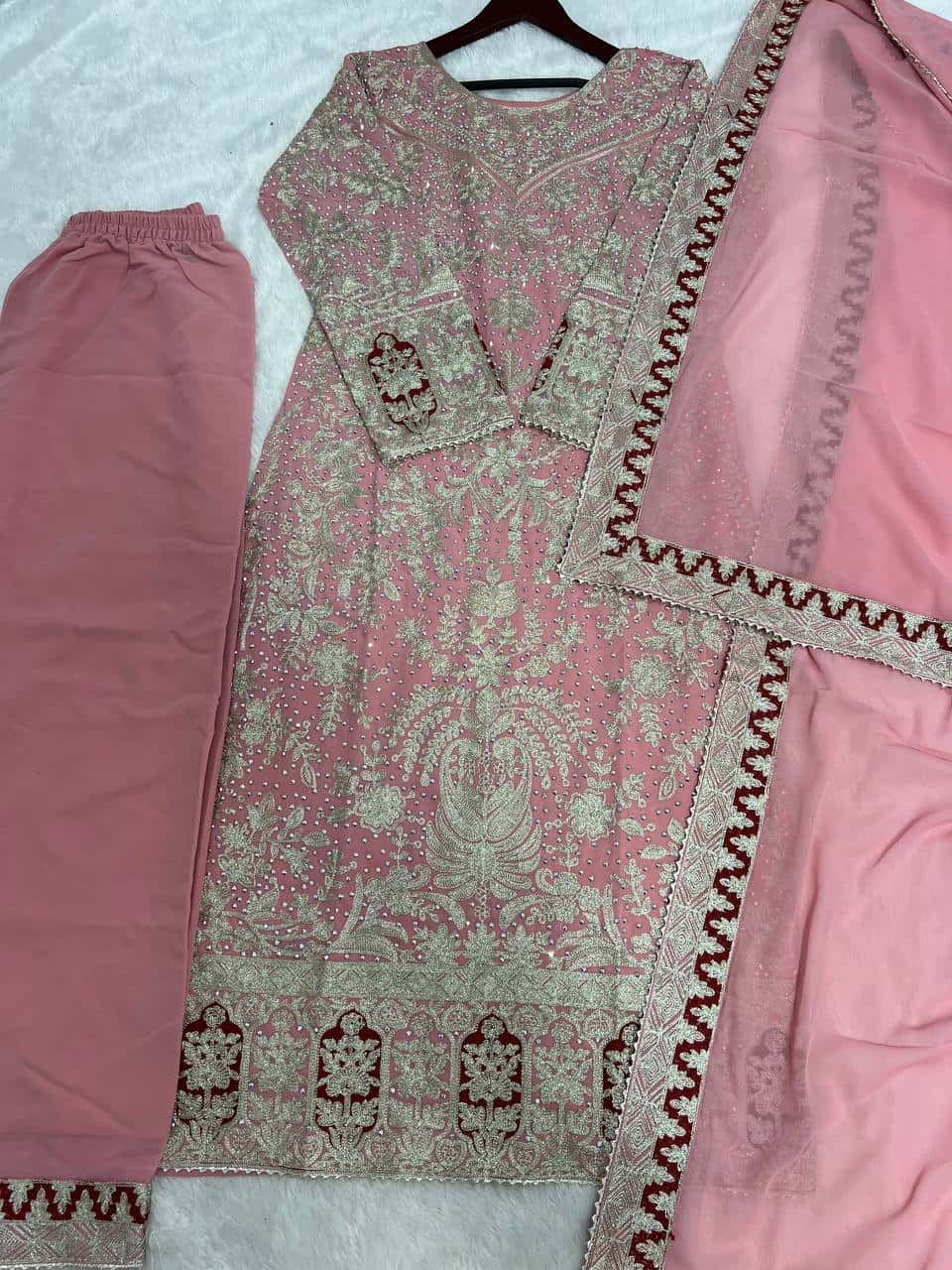 Elegant Heavy Faux Georgette Embroidered Top and Plazzo with and Dupatta Set