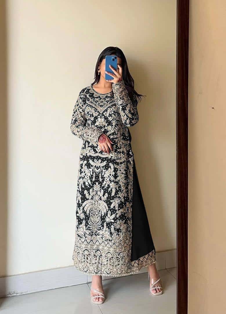 Elegant Heavy Faux Georgette Embroidered Top and Plazzo with and Dupatta Set