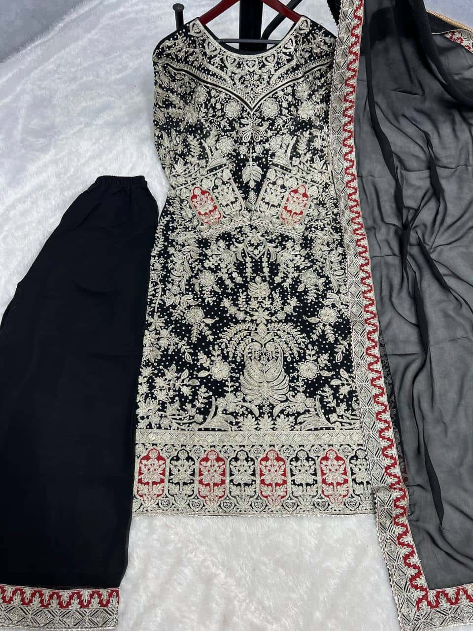 Elegant Heavy Faux Georgette Embroidered Top and Plazzo with and Dupatta Set