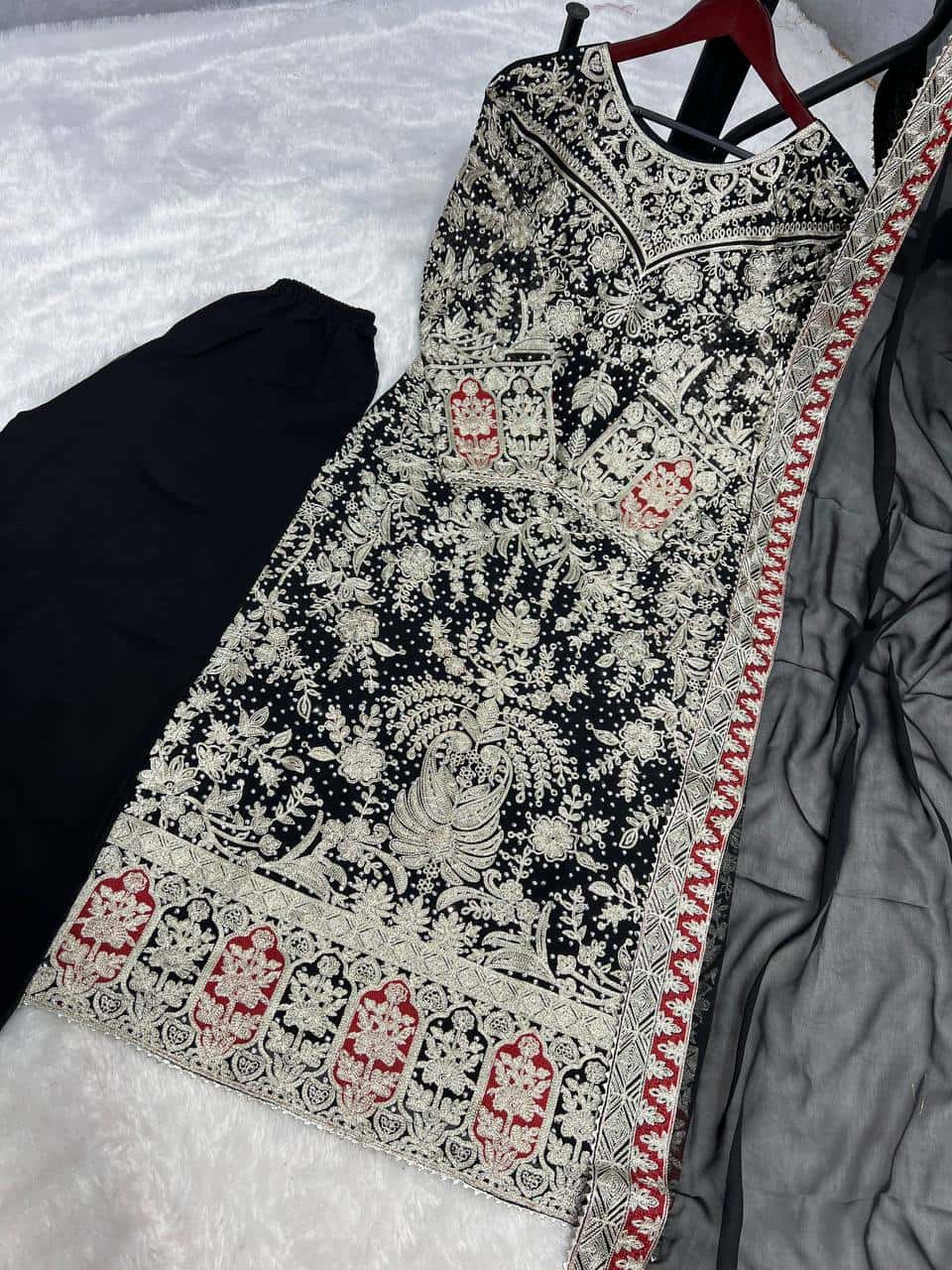 Elegant Heavy Faux Georgette Embroidered Top and Plazzo with and Dupatta Set