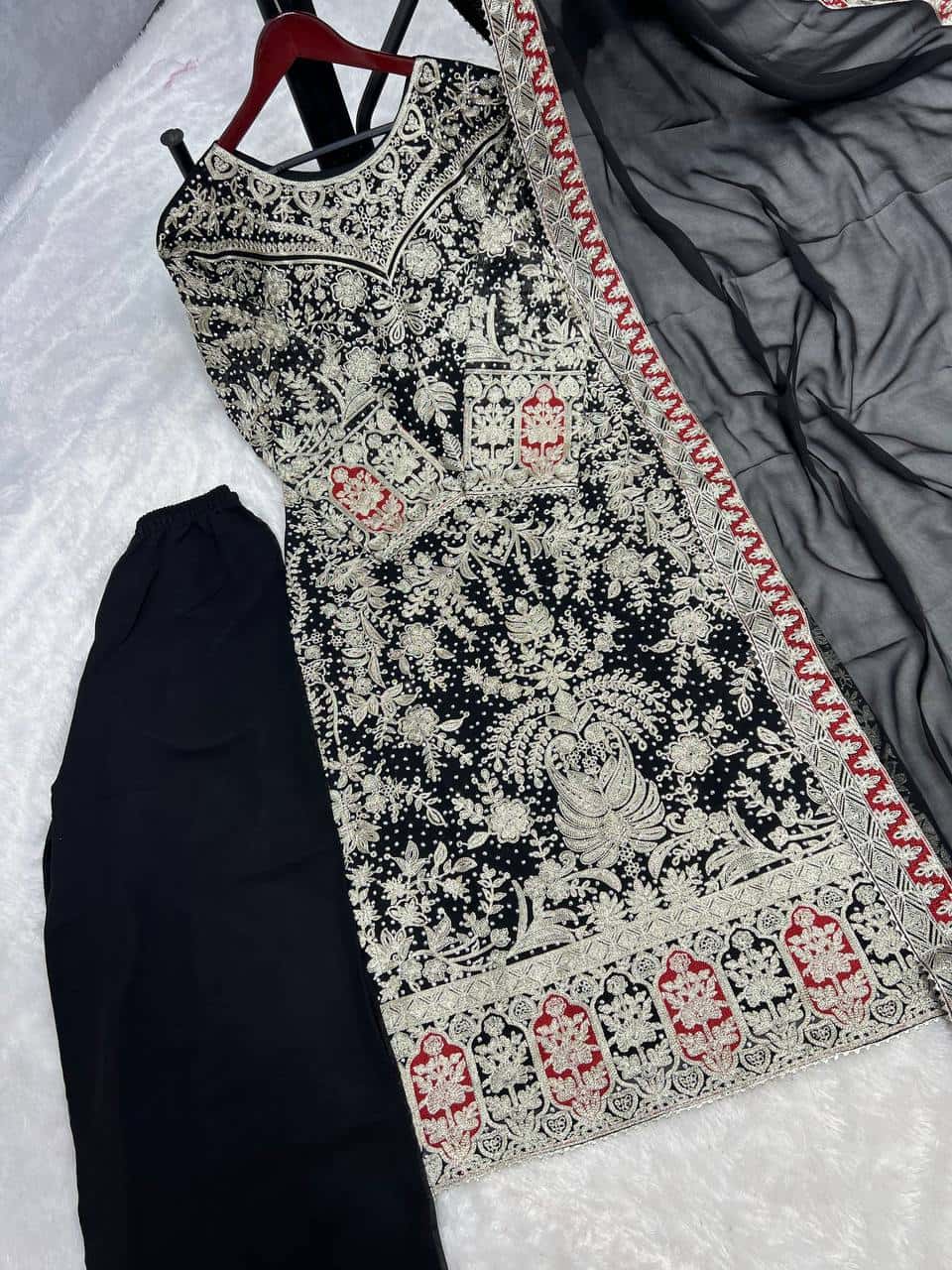 Elegant Heavy Faux Georgette Embroidered Top and Plazzo with and Dupatta Set
