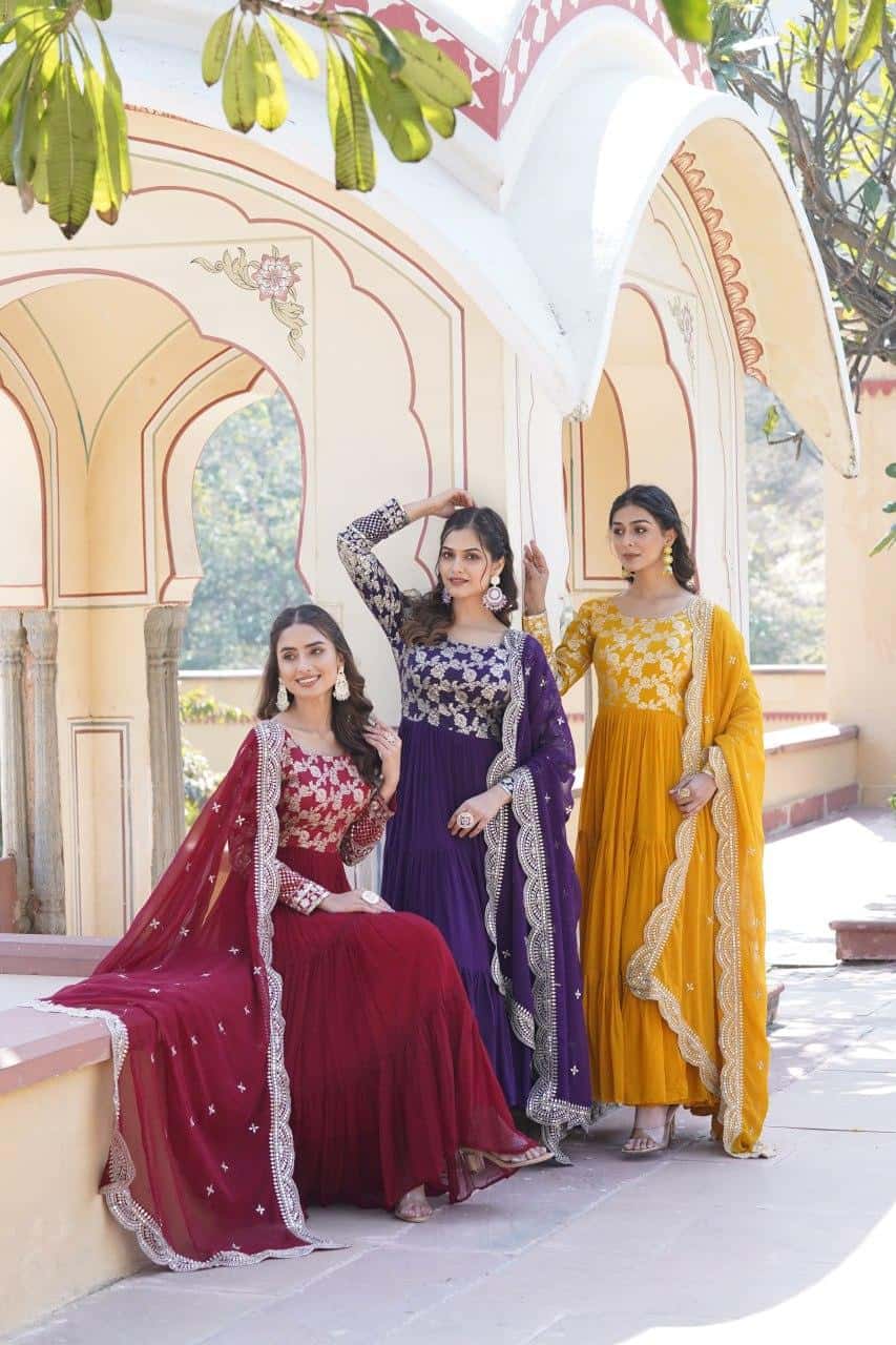 Faux Blooming Viscose Diable Jacquard with Sequins Gown with Dupatta