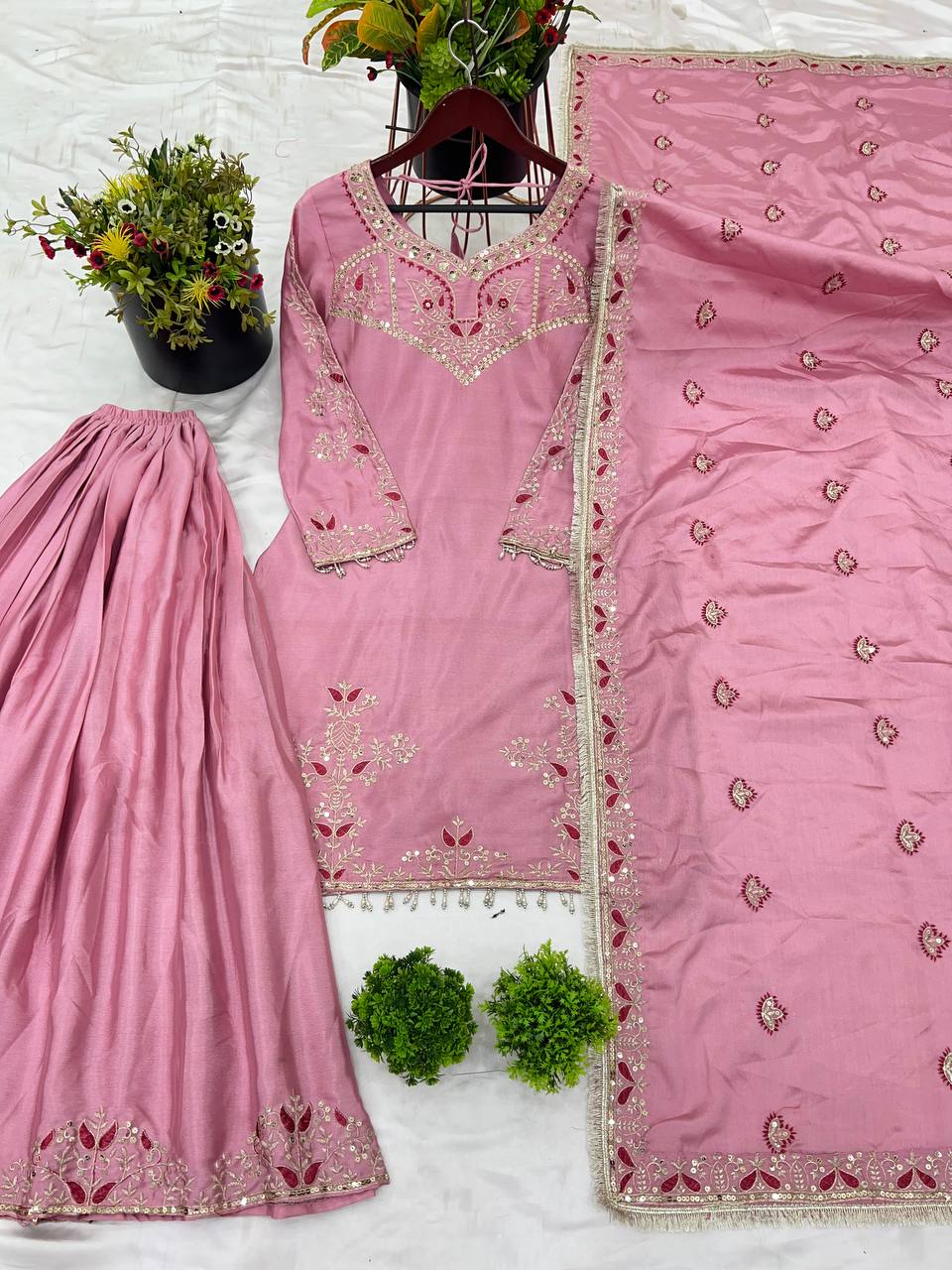 Designer silk readymade kurta palazzo with dupatta set