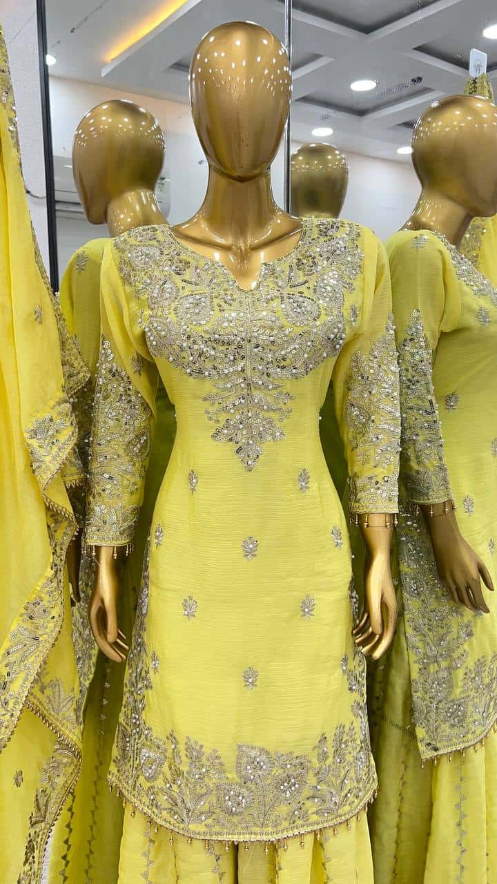 New  Heavy Embroidery Sequence Work Top-Gharara And Dupatta Set Fully Stitched Ready To Wear Collection