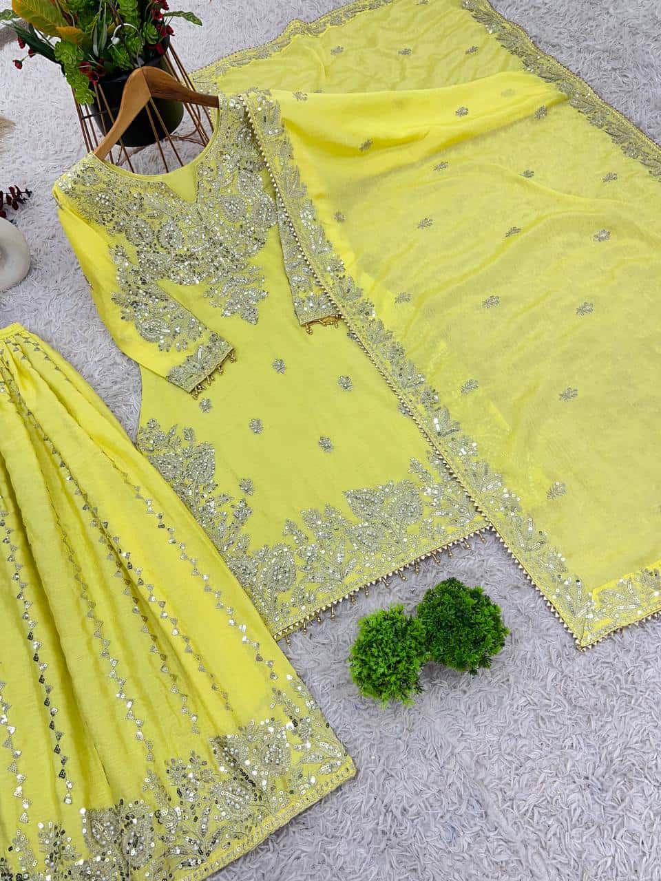 New  Heavy Embroidery Sequence Work Top-Gharara And Dupatta Set Fully Stitched Ready To Wear Collection