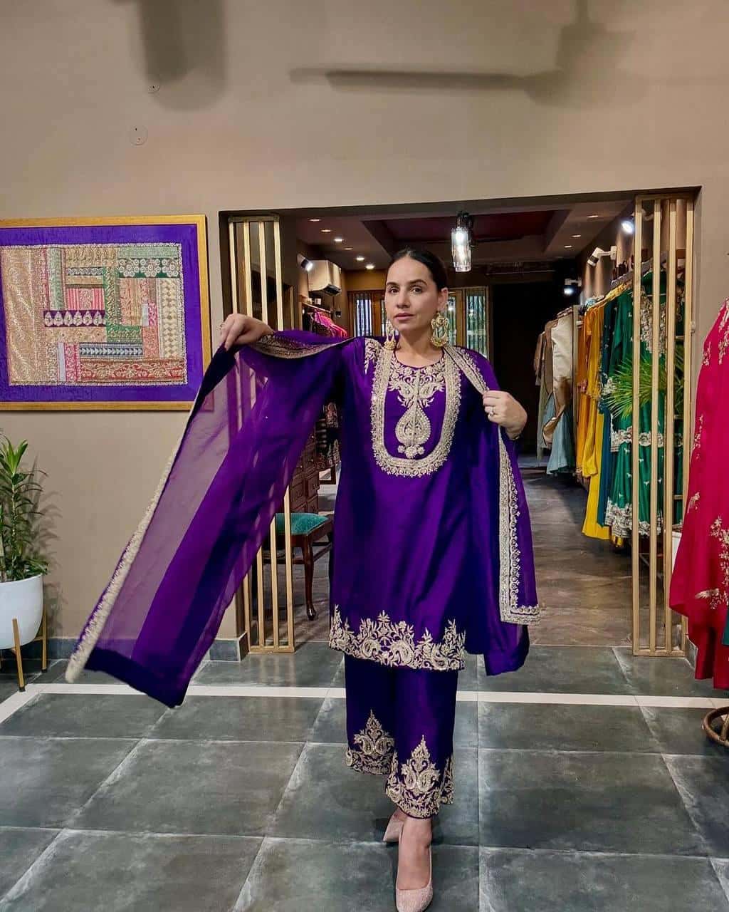 Heavy Chinon Silk with heavy embroidery Top Pant with Dupatta Set